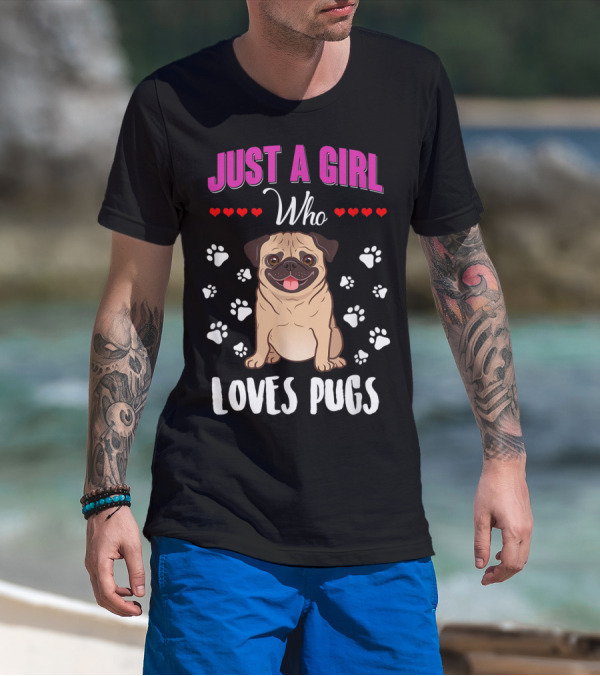 Just A Girl Who Loves Pugs With Paw Prints And Hearts T-Shirt