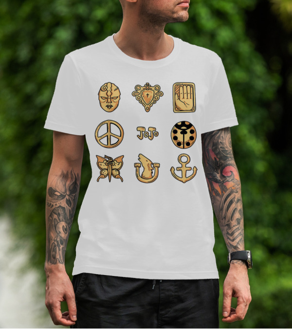 Jojos'ss Bizarres's Classics JoJo Mask Emblems Peace Hand Tarot Beetle Butterfly Anchor Symbols T-Shirt