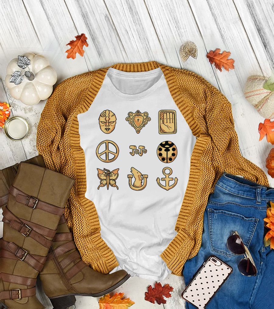 Jojos'ss Bizarres's Classics JoJo Mask Emblems Peace Hand Tarot Beetle Butterfly Anchor Symbols T-Shirt