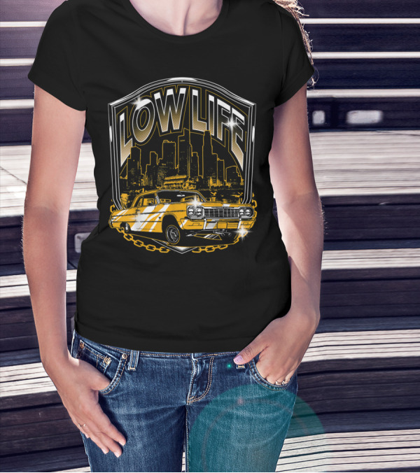 Lowrider Classic Car Low Life Skyline Scene T-Shirt