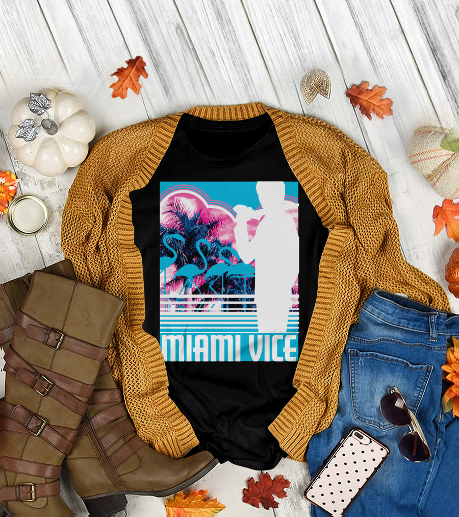 Miami Vice Neon Flamingo Silhouette Tropical T-Shirt