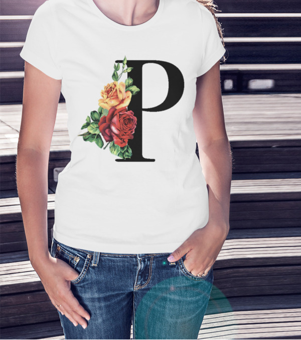 Initial Rose Floral Monogram Letter P With Red And Yellow Roses T-Shirt
