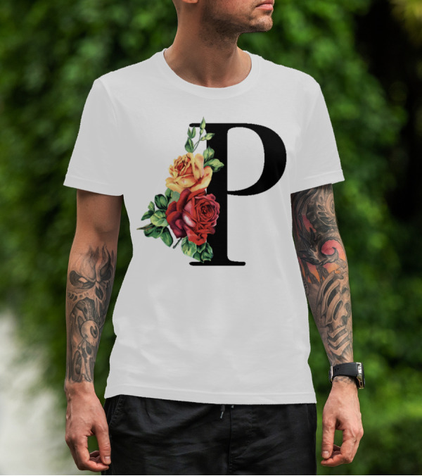 Initial Rose Floral Monogram Letter P With Red And Yellow Roses T-Shirt