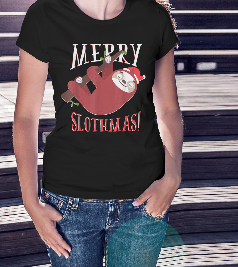 Merry Slothmas Santa Hat Sloth Holiday Greeting T-Shirt