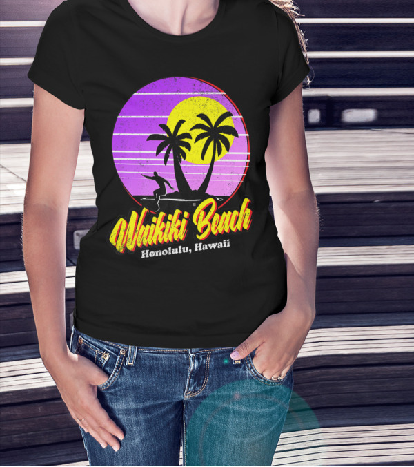 Waikiki Beach Honolulu Hawaii Retro Surfer Vintage 80's Sunset Palms T-Shirt