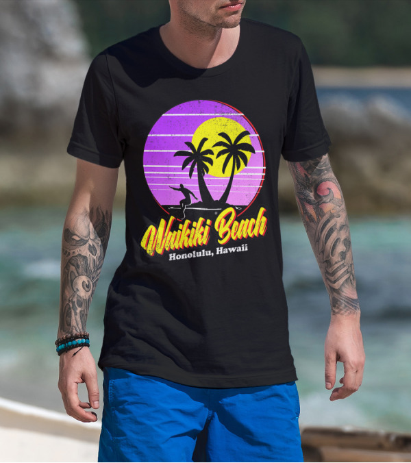 Waikiki Beach Honolulu Hawaii Retro Surfer Vintage 80's Sunset Palms T-Shirt