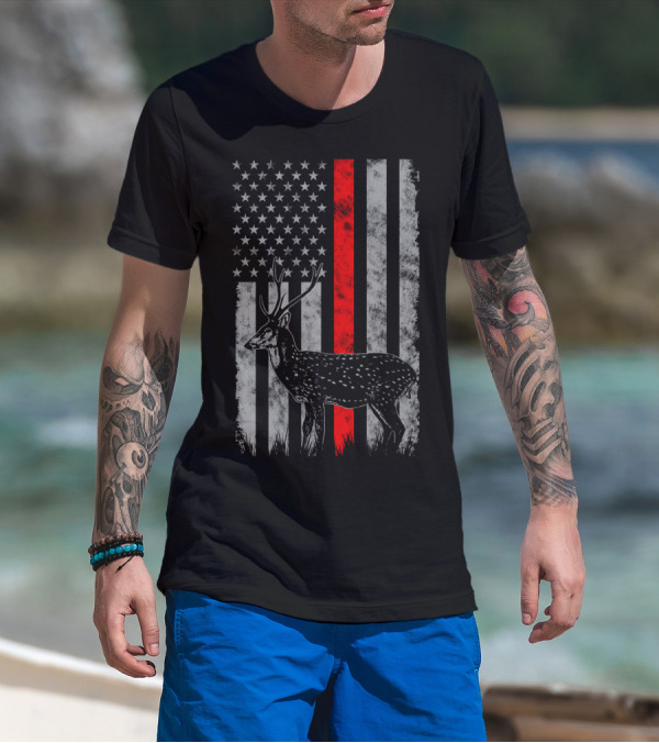 Thin Red Line Axis Deer American Flag T-Shirt