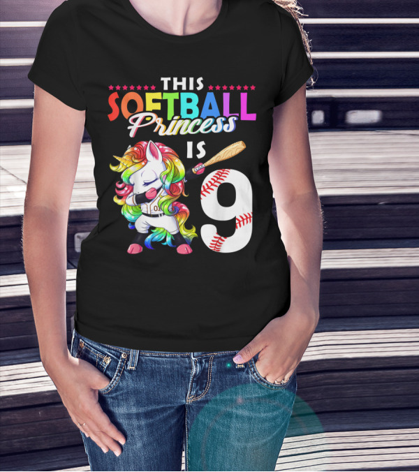 This Softball Princess Is 9 Unicorn Birthday Rainbow Bat T-Shirt