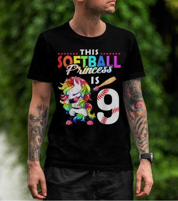 This Softball Princess Is 9 Unicorn Birthday Rainbow Bat T-Shirt
