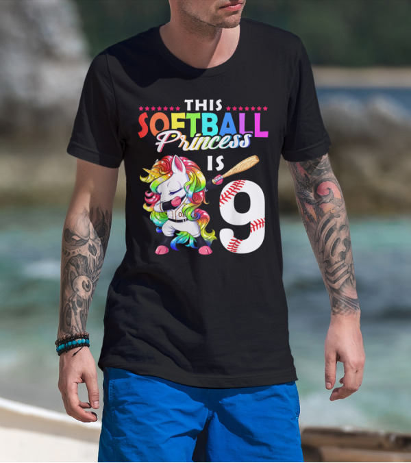 This Softball Princess Is 9 Unicorn Birthday Rainbow Bat T-Shirt