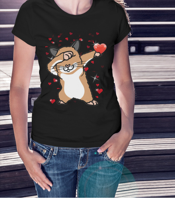 Valentine Girls Cute Dabbing Hamster With Heart And Sparkling Red Hearts T-Shirt