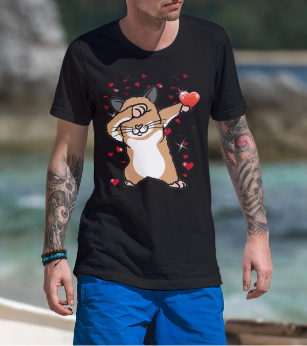 Valentine Girls Cute Dabbing Hamster With Heart And Sparkling Red Hearts T-Shirt