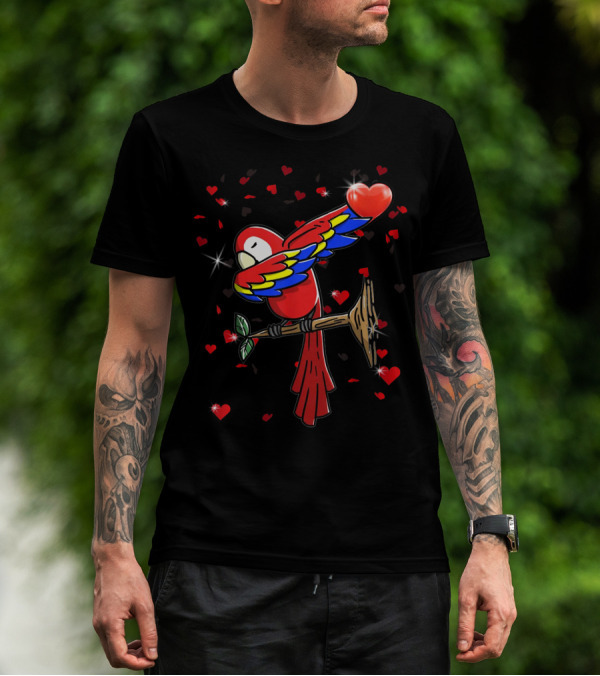 Valentine Girls Dabbing Parrot Red Heart Love T-Shirt