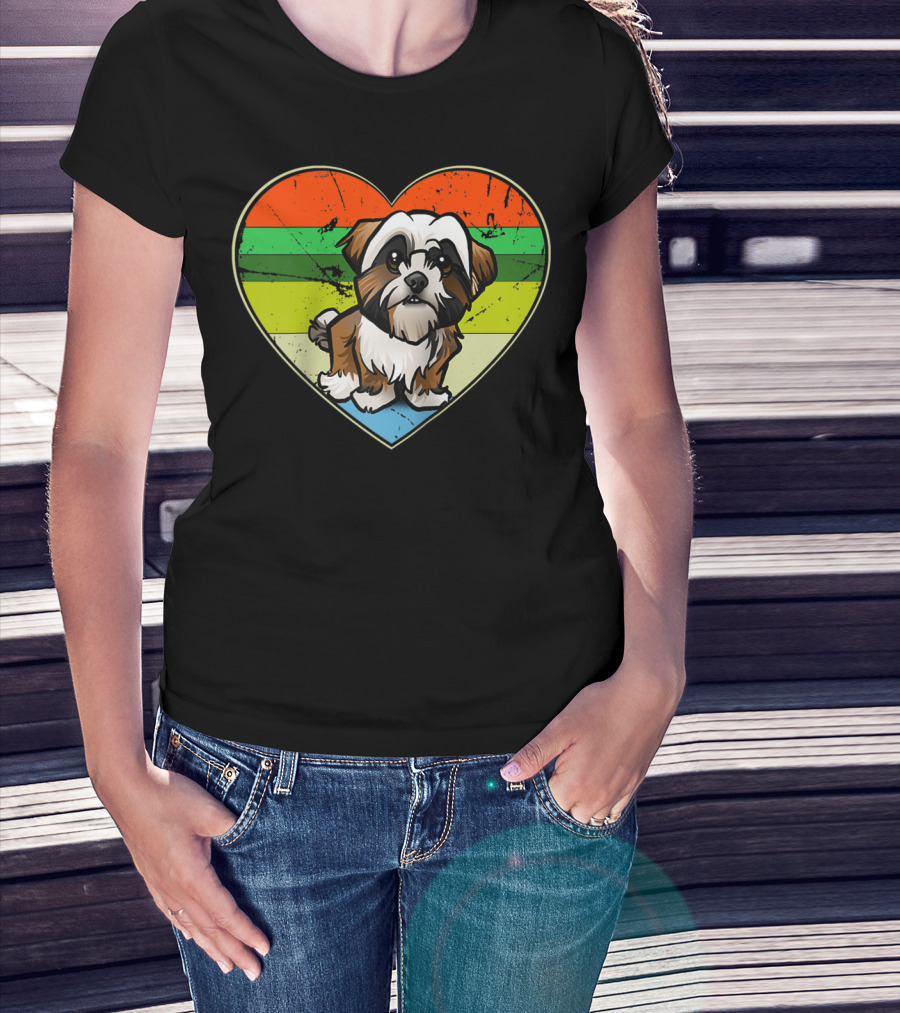 Vintage Heart Rainbow Shih Tzu Dog Valentine T-Shirt