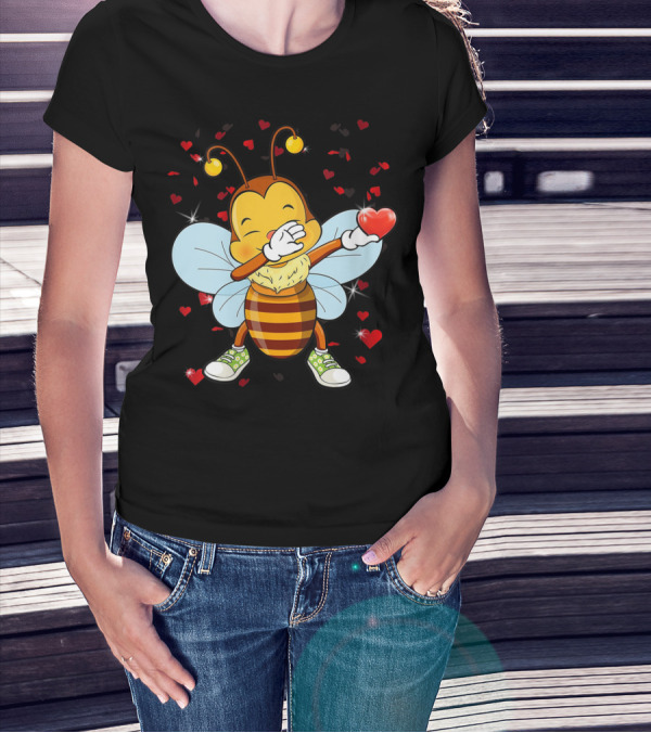 Valentine Bee Dabbing Holding Heart Surrounded By Hearts And Stars T-Shirt