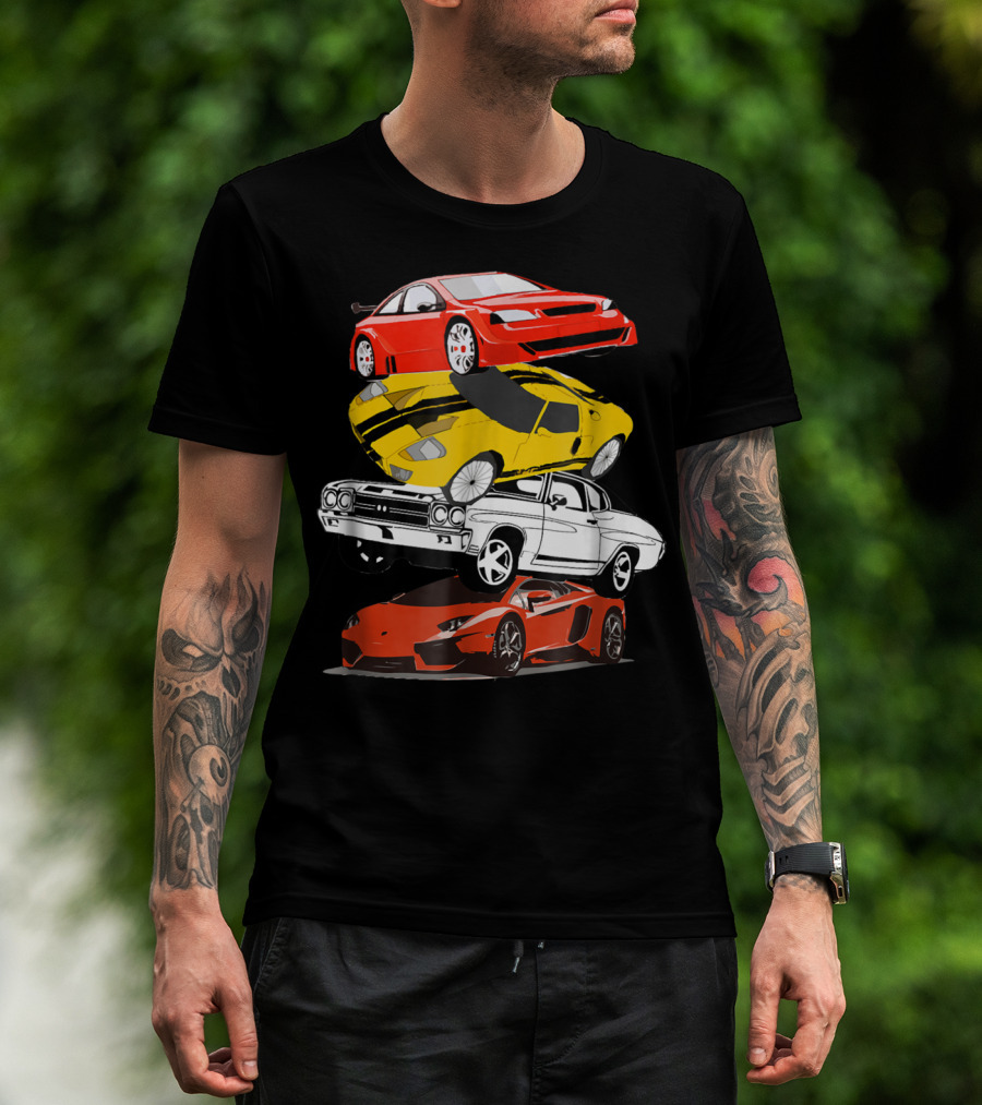 Funny Classic Cars Stacked Red Yellow Black White Racing Cars T-Shirt