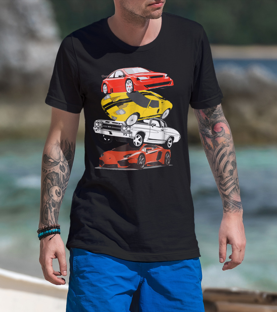 Funny Classic Cars Stacked Red Yellow Black White Racing Cars T-Shirt