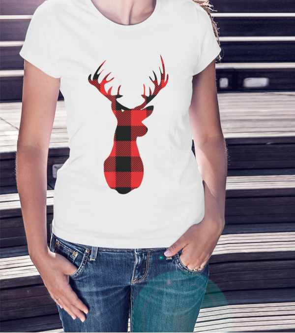 Buffalo Plaid Red Black Christmas Deer T-Shirt