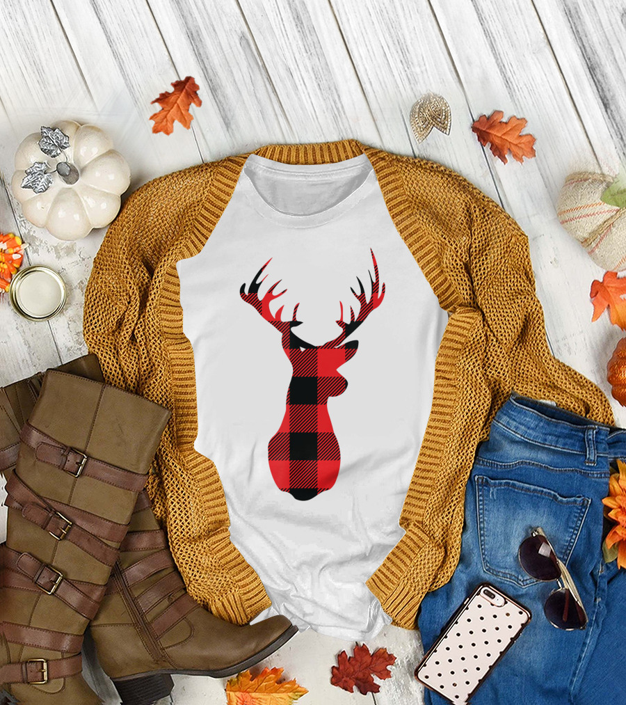Buffalo Plaid Red Black Christmas Deer T-Shirt