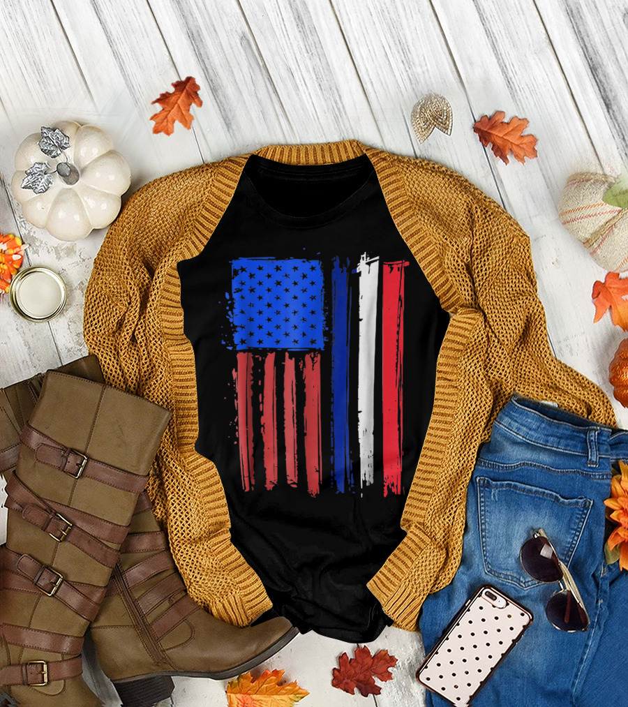 Half French American Flag Classic Patriot Stars and Stripes Paint T-Shirt