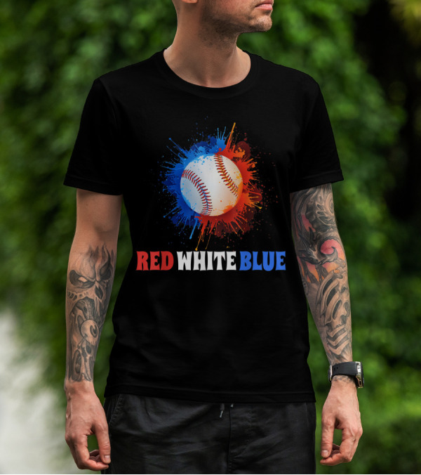 Red White Blue Baseball Splash USA 4th July Patriotic T-Shirt