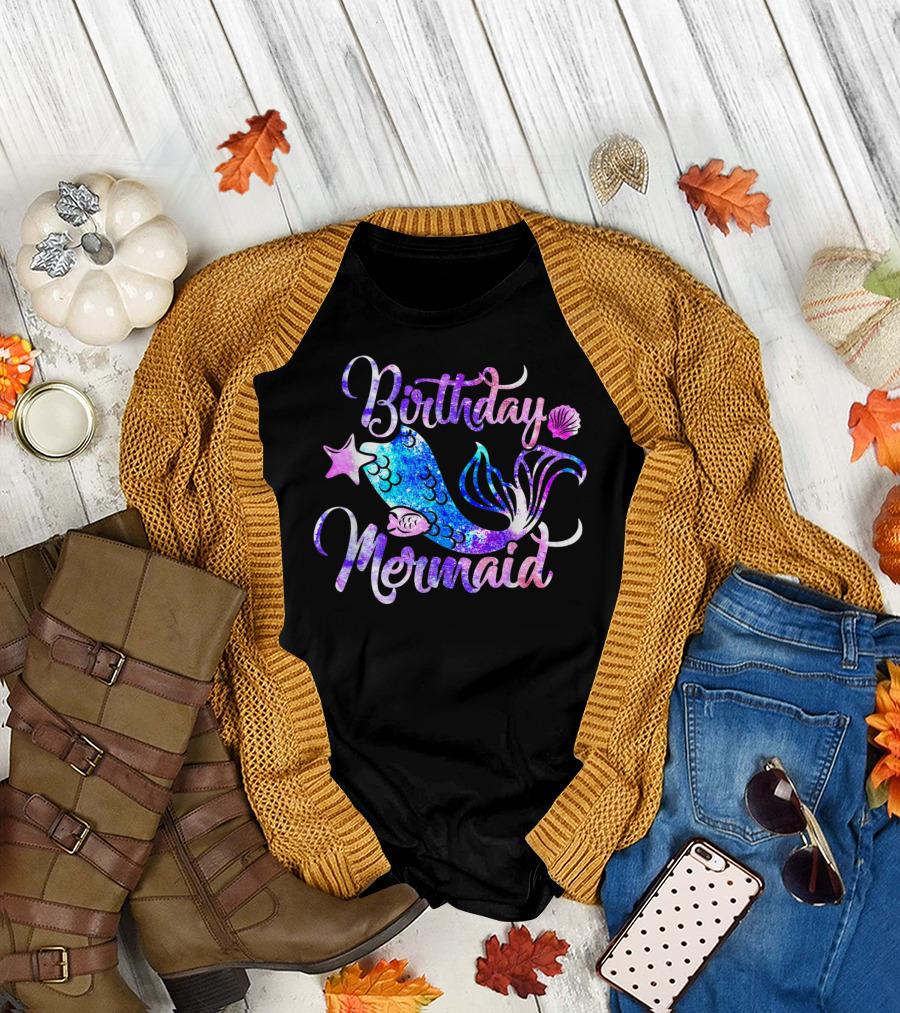 Birthday Mermaid Starfish Shells Ocean T-Shirt