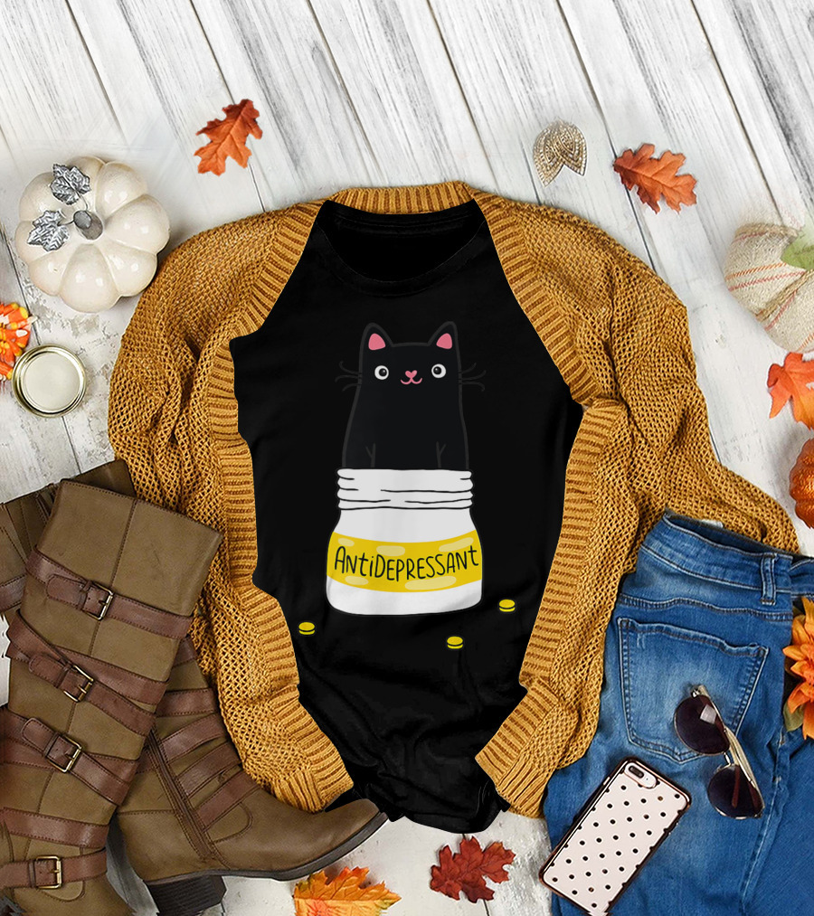 Cat in Antidepressant Pill Bottle with Black Background and Yellow Accents T-Shirt