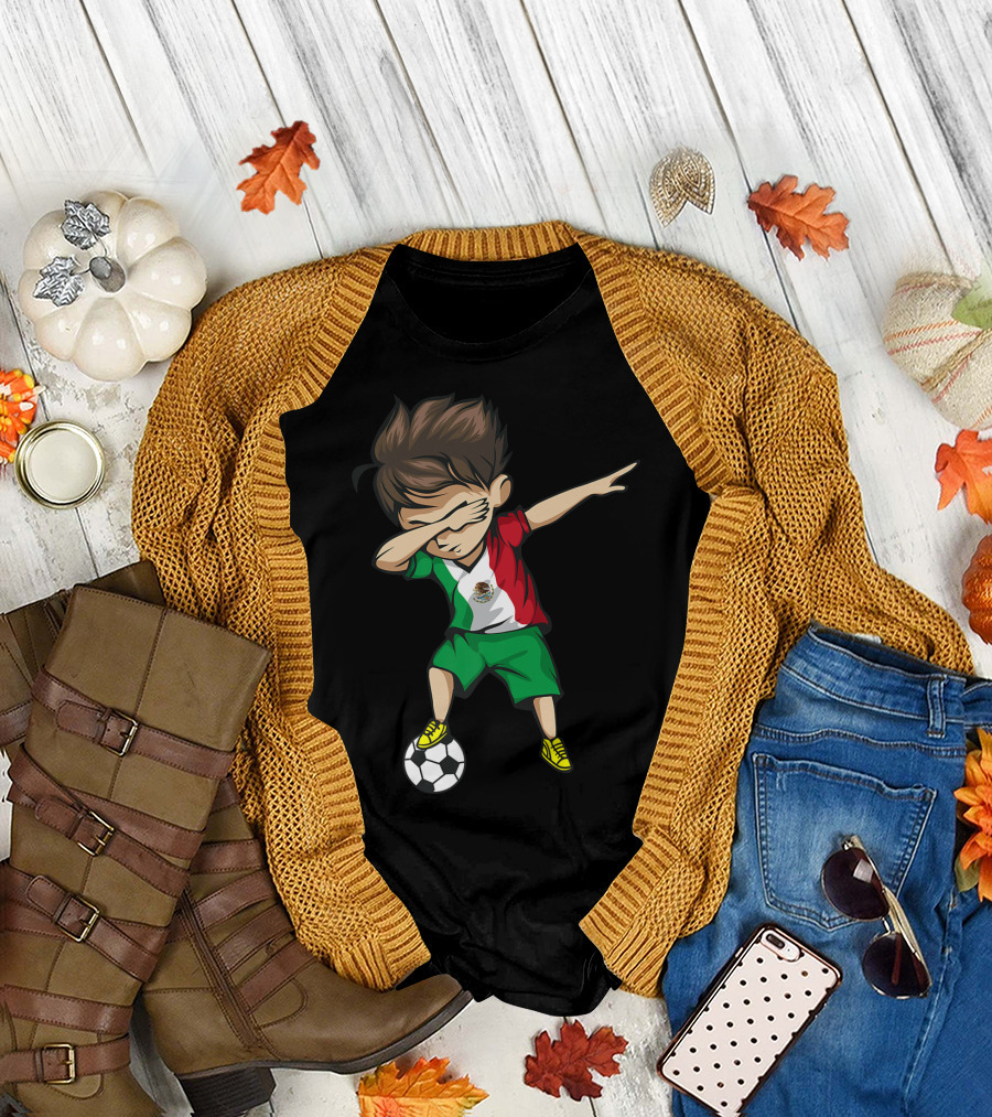 Dabbing Soccer Boy Mexico Jersey Mexican Flag Soccer Ball T-Shirt