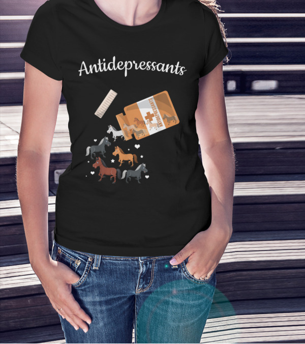 Antidepressants Horses Escaping From Prescription Bottle Hearts T-Shirt
