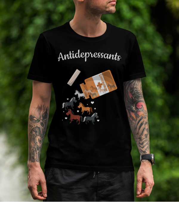 Antidepressants Horses Escaping From Prescription Bottle Hearts T-Shirt