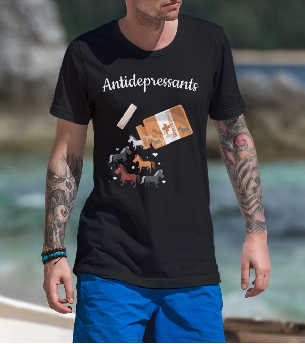 Antidepressants Horses Escaping From Prescription Bottle Hearts T-Shirt