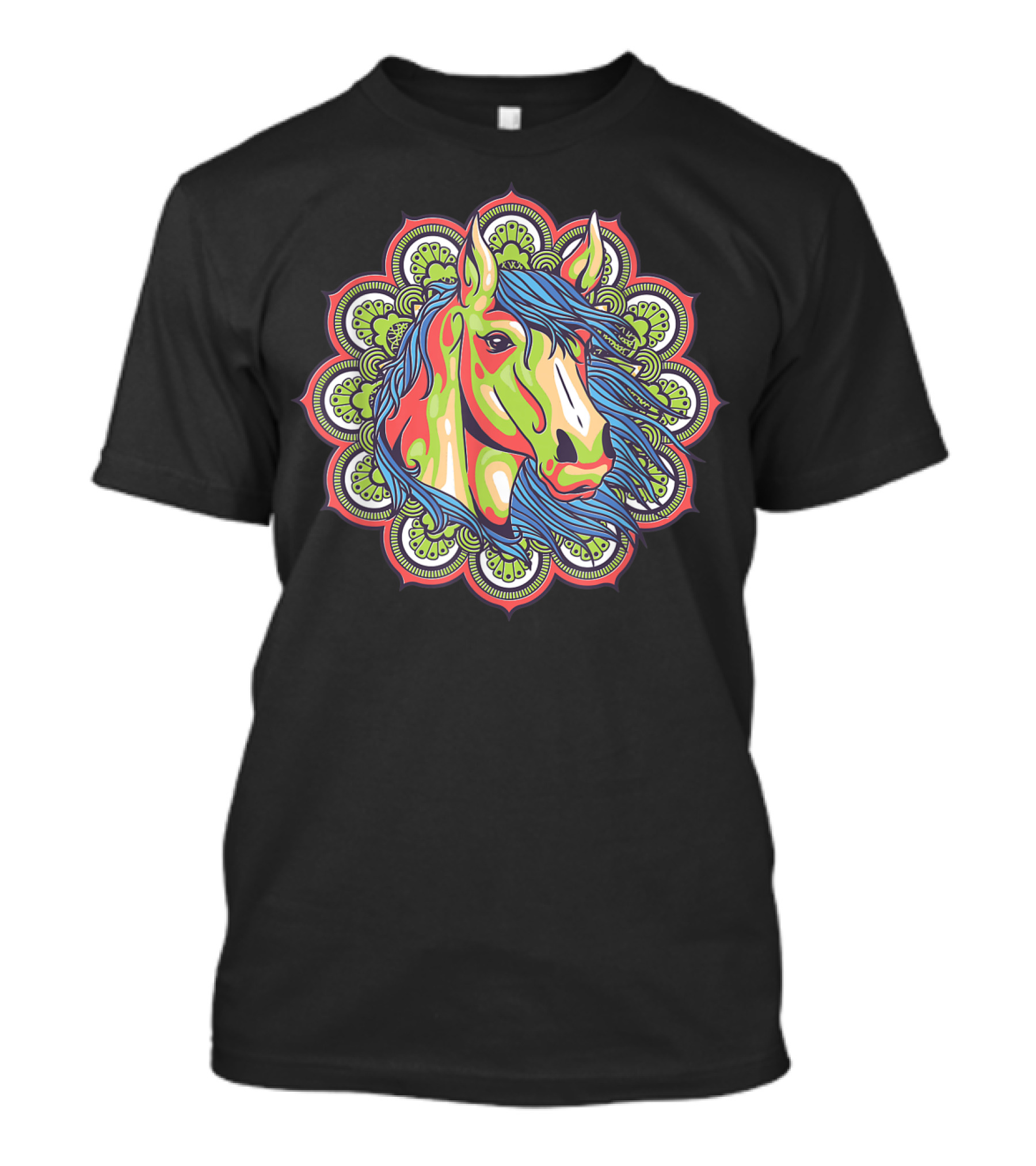 Artistic Mandala Colorful Horse Head With Vibrant Green And Blue Elements T-Shirt
