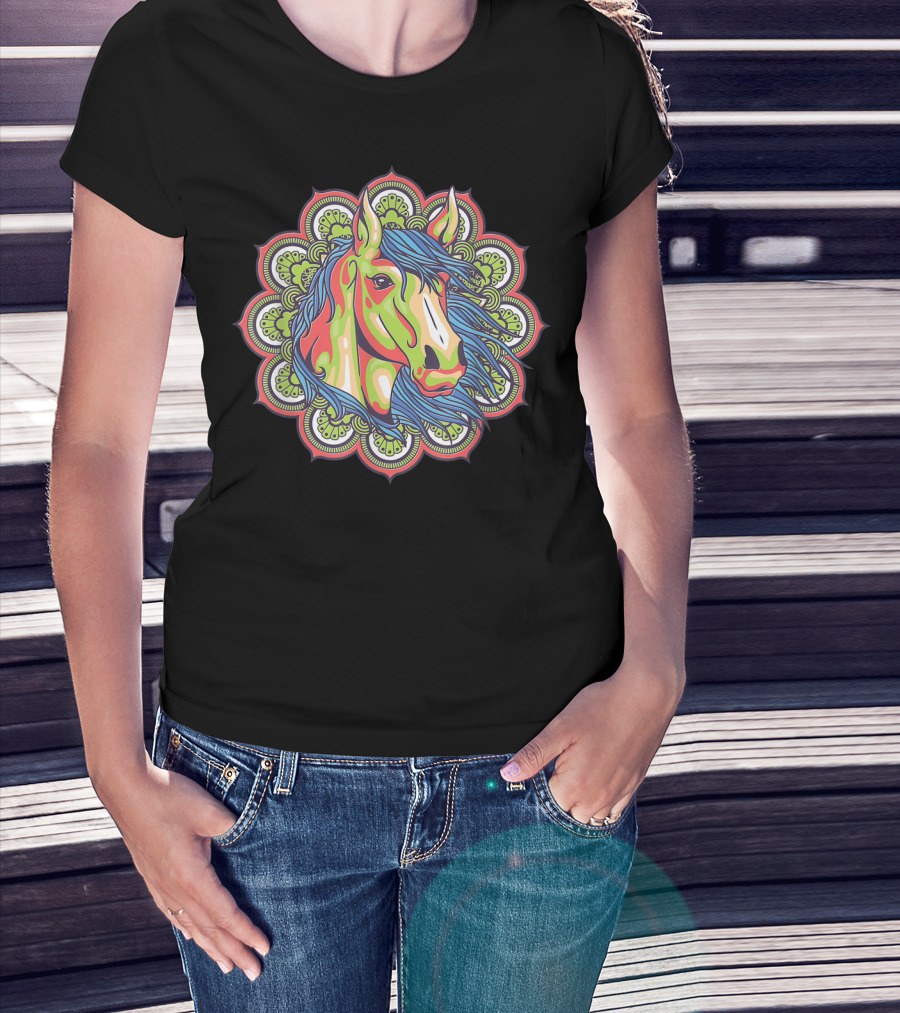 Artistic Mandala Colorful Horse Head With Vibrant Green And Blue Elements T-Shirt