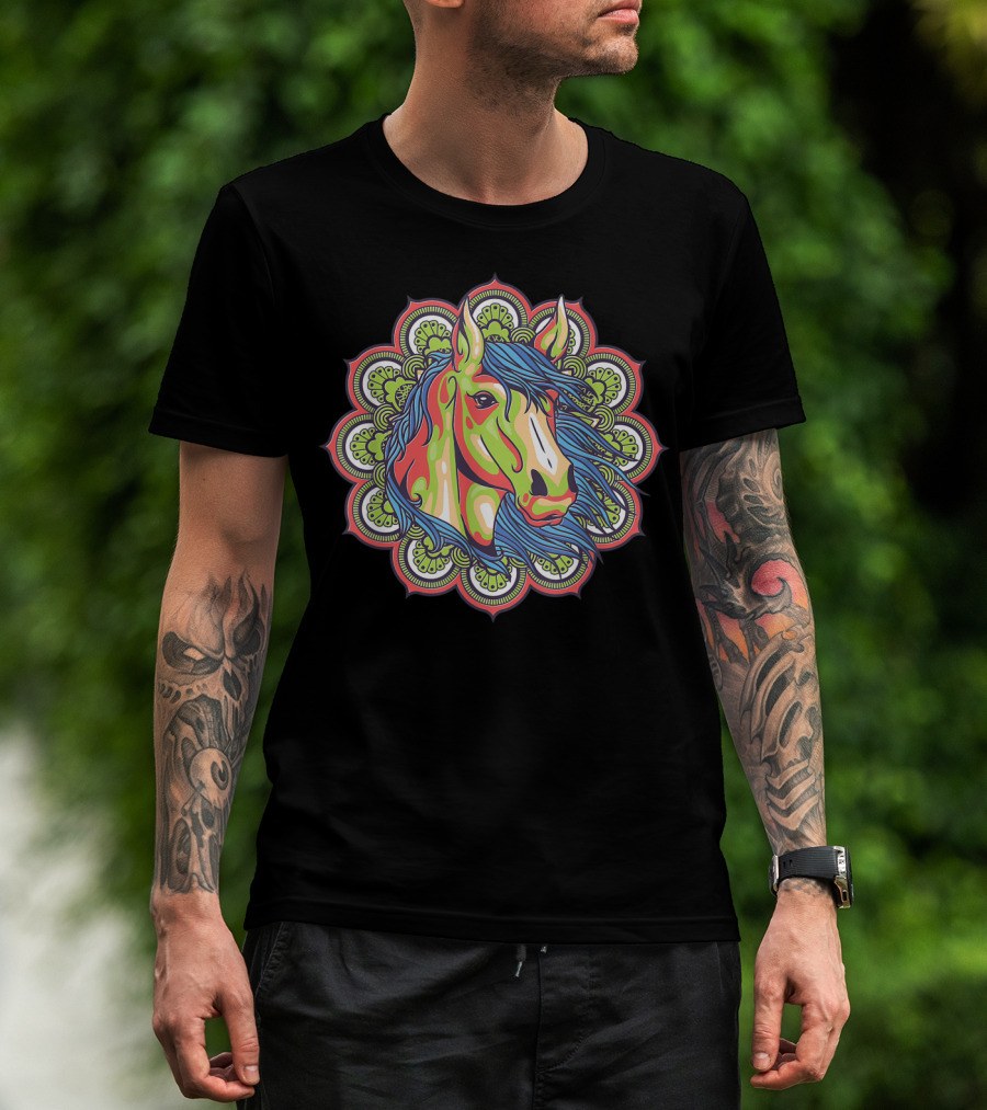 Artistic Mandala Colorful Horse Head With Vibrant Green And Blue Elements T-Shirt