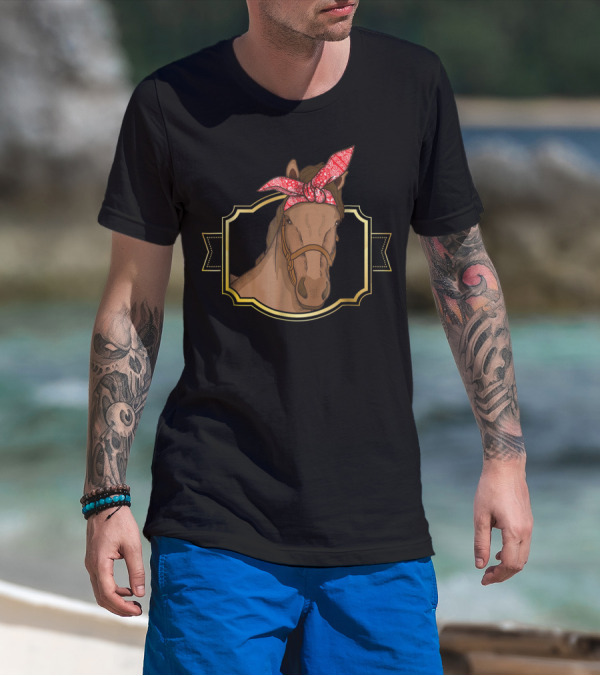Bandana Horse Wearing Red Head Wrap Equestrian Horseback Riding T-Shirt