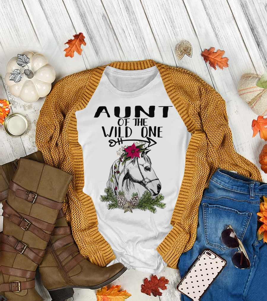 Aunt of the Wild One Horse Lover with Floral and Pinecone Accents T-Shirt