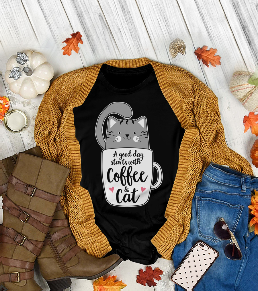 A Good Day Starts with Coffee and Cat Cute Grey Kitty Coffee Cats T-Shirt