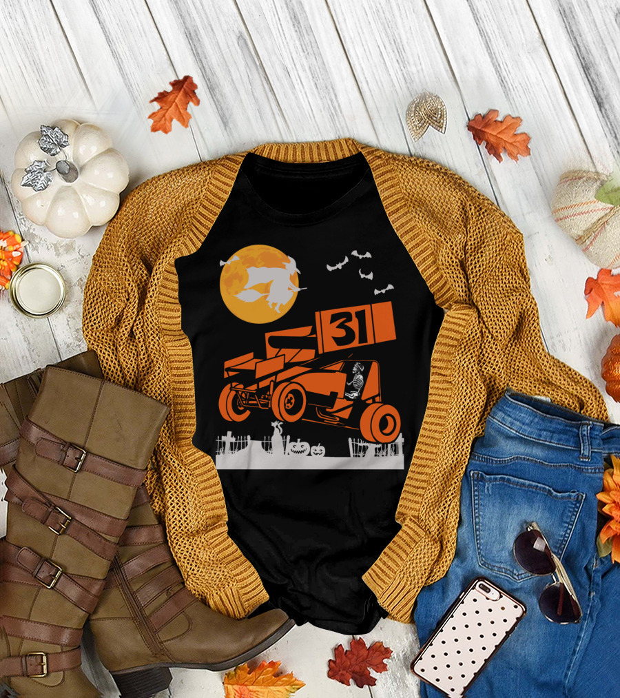 Halloween Sprint Car Dirt Track Racing Skeleton Number 31 T-Shirt