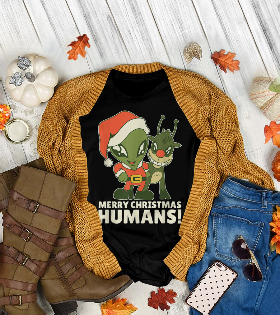Merry Christmas Humans Alien Santa and Reindeer T-Shirt