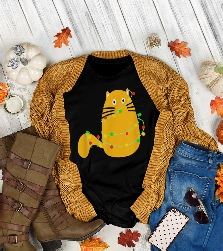 Cute Festive Cat Wrapped in Christmas Lights T-Shirt