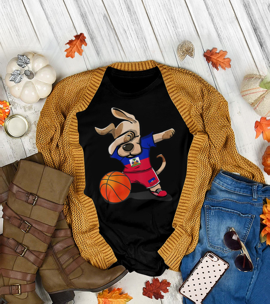 Dog Dabbing Haitian Flag Jersey with Basketball T-Shirt