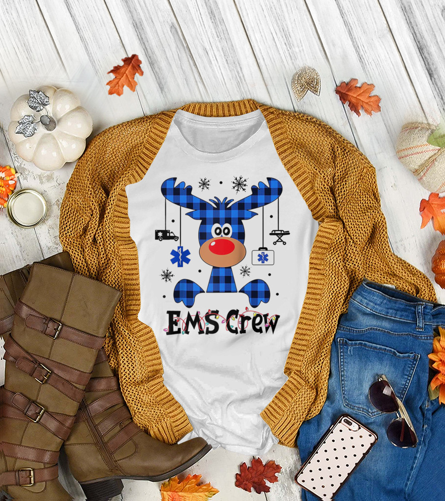 Ems Crew Buffalo Plaid Reindeer Nurse T-Shirt