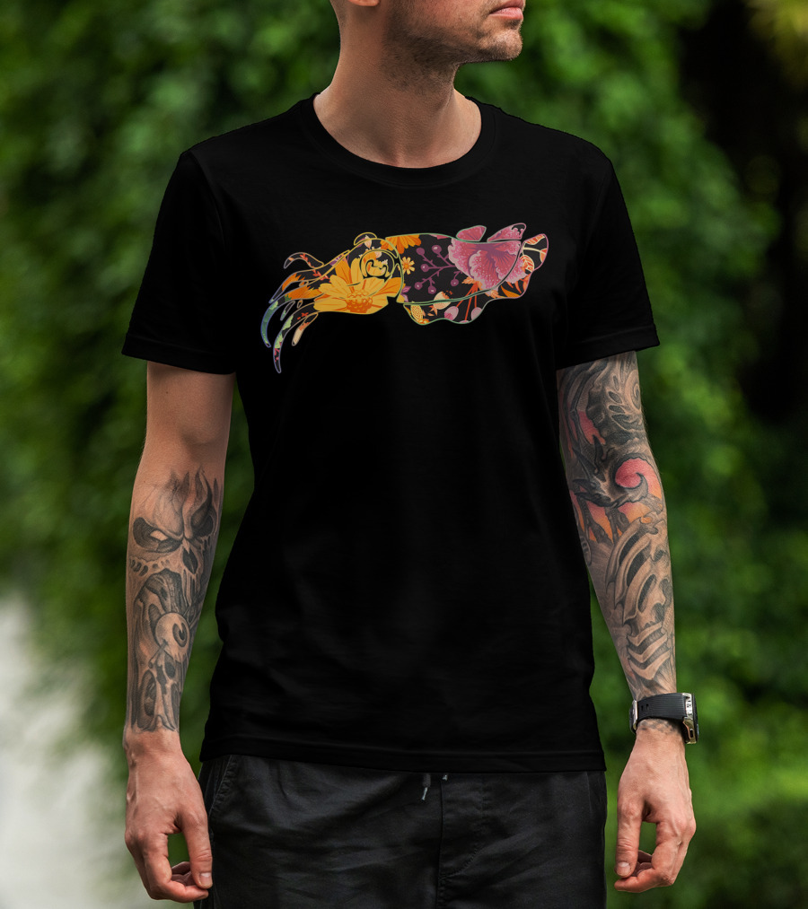 Floral Flower Vintage Cuttlefish Design With Colorful Blossoms T-Shirt
