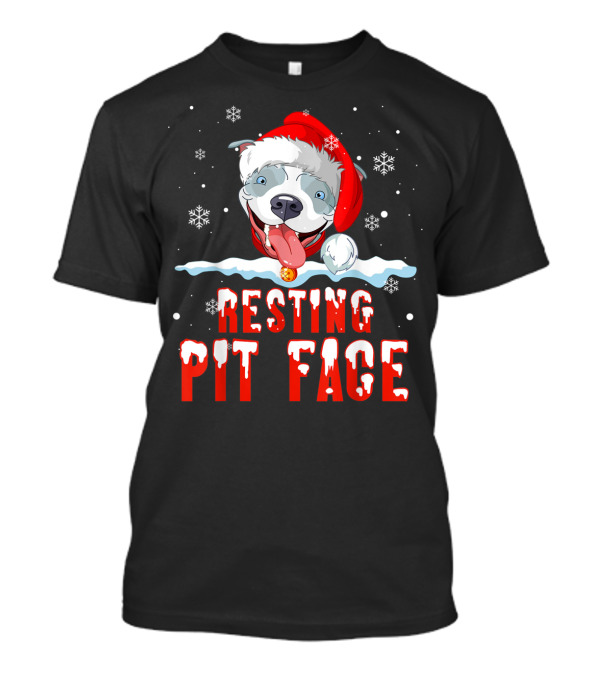 Funny Christmas Dog Pitbull Resting Pit Face Santa Hat Snowflake T-Shirt