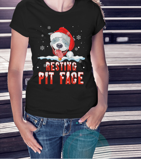 Funny Christmas Dog Pitbull Resting Pit Face Santa Hat Snowflake T-Shirt