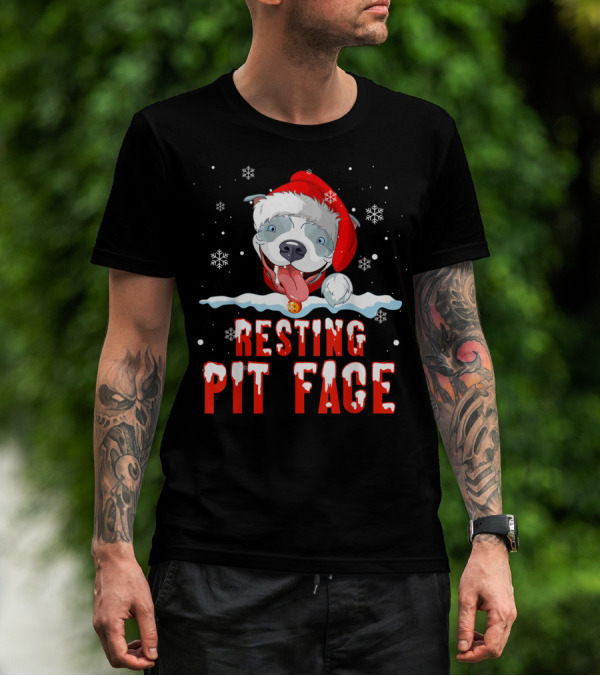 Funny Christmas Dog Pitbull Resting Pit Face Santa Hat Snowflake T-Shirt