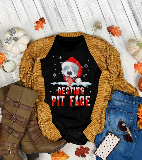 Funny Christmas Dog Pitbull Resting Pit Face Santa Hat Snowflake T-Shirt