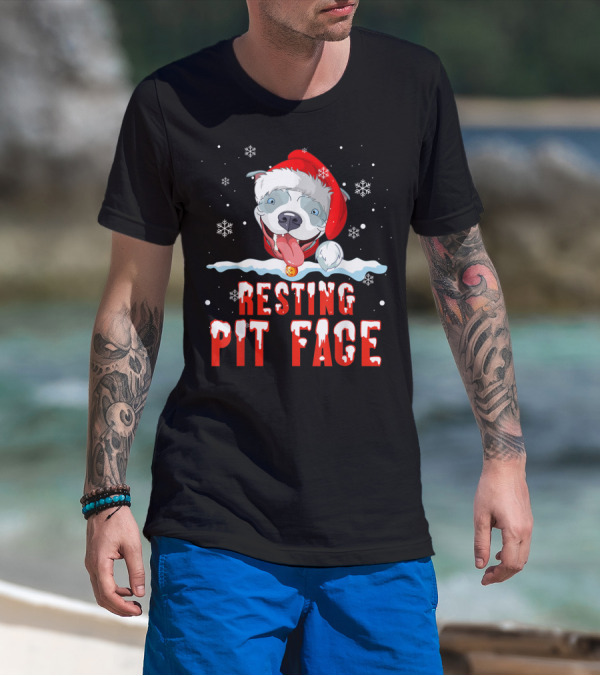 Funny Christmas Dog Pitbull Resting Pit Face Santa Hat Snowflake T-Shirt