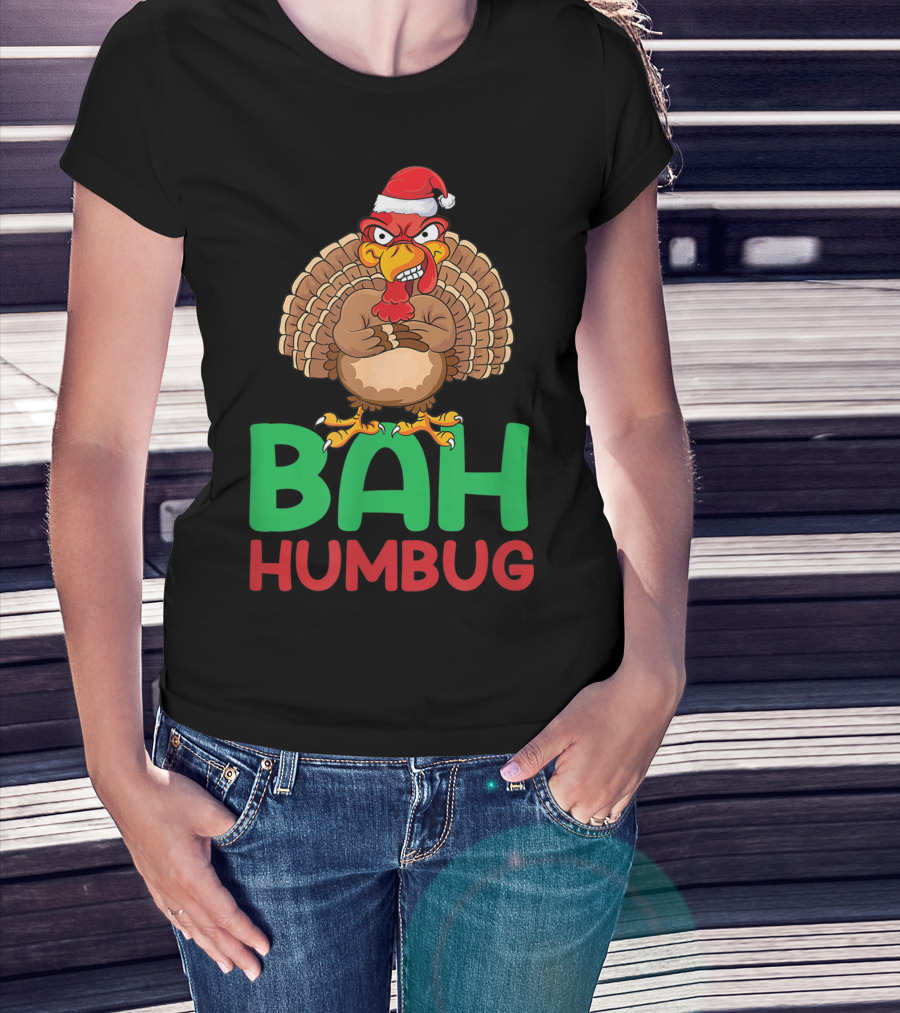 Bah Humbug Christmas Turkey With Santa Hat T-Shirt