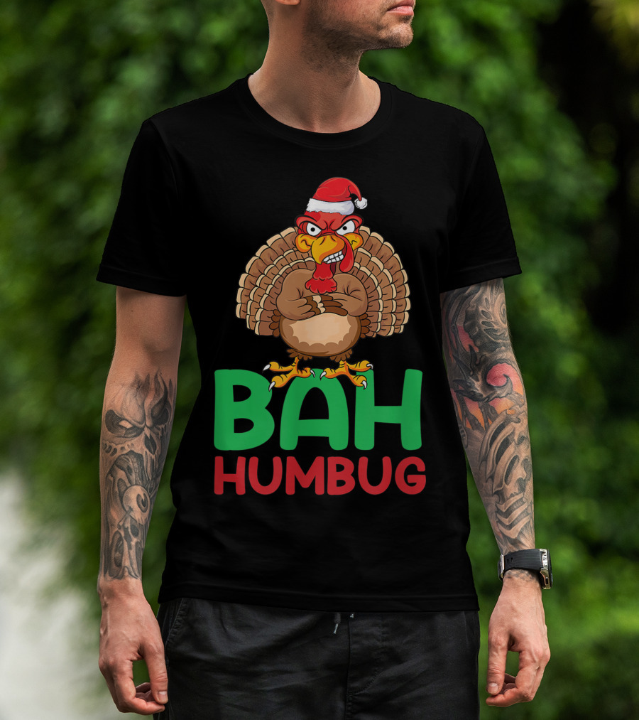 Bah Humbug Christmas Turkey With Santa Hat T-Shirt